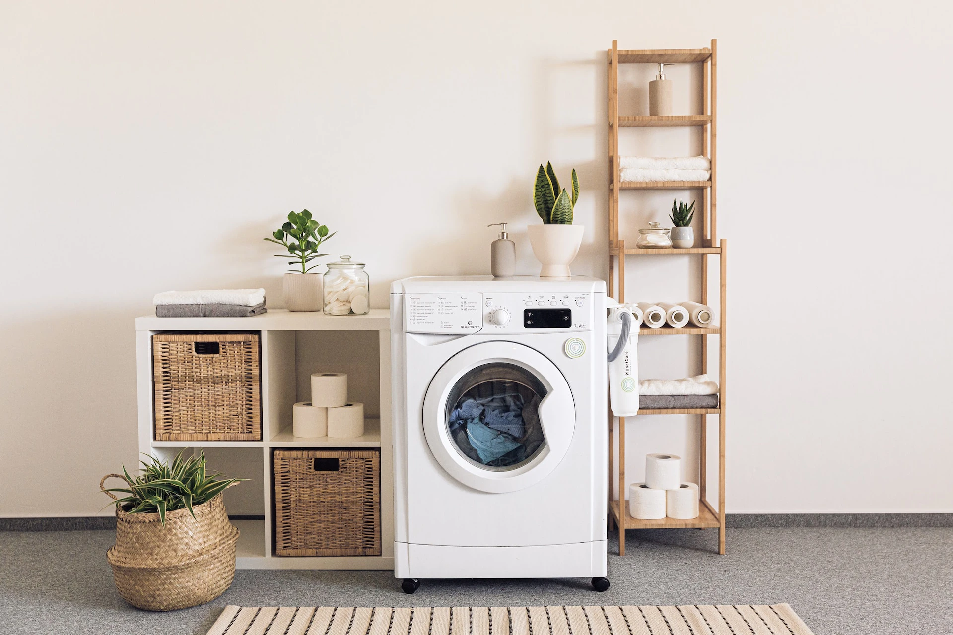 Washing machine in between wooden shelves and baskets