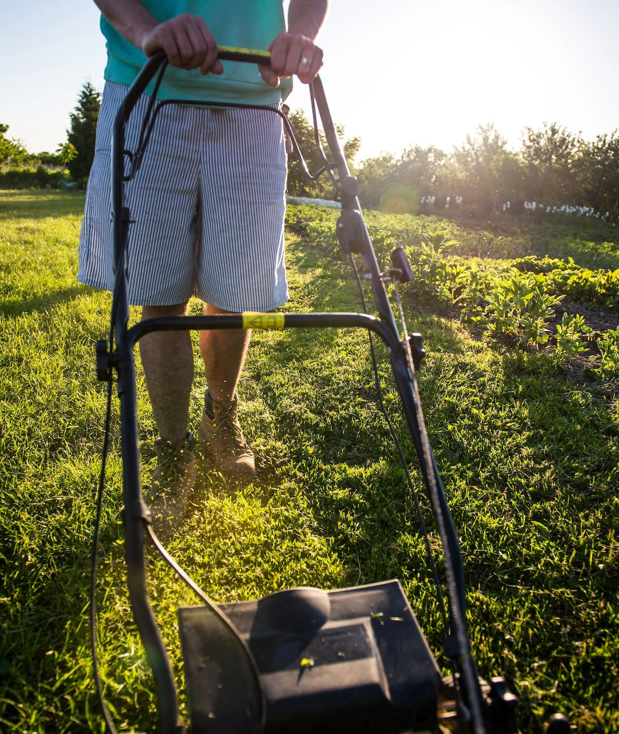 Person mowing grass with older mower