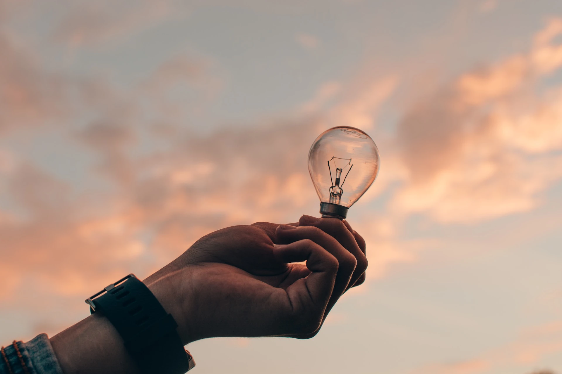 Person's hand holding lightbulb in front of evening sky