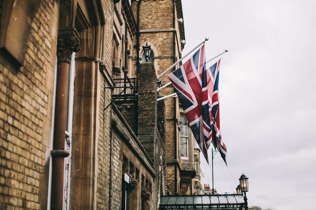 Hanged Union Jack Flags Beside Building
