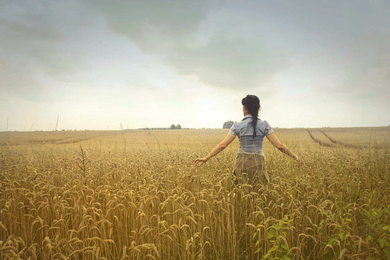 woman in a field of golden wheat