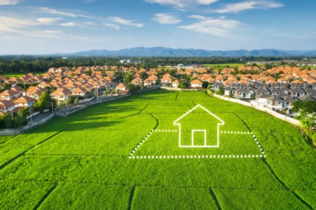 Land or landscape of green field in aerial view. Include agriculture farm, icon of residential, home or house building. 
