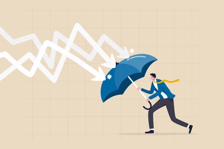 man holding umbrella defending against downward graph