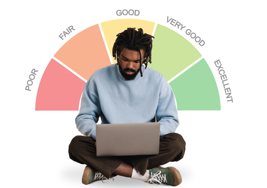 Man with laptop and rating from poor to excellent behind him