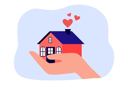 illustration of a house in someone's hand with three hearts floating above