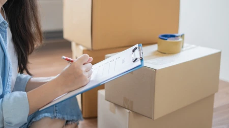person with long hair writing on clipboard in front of cardboard boxes