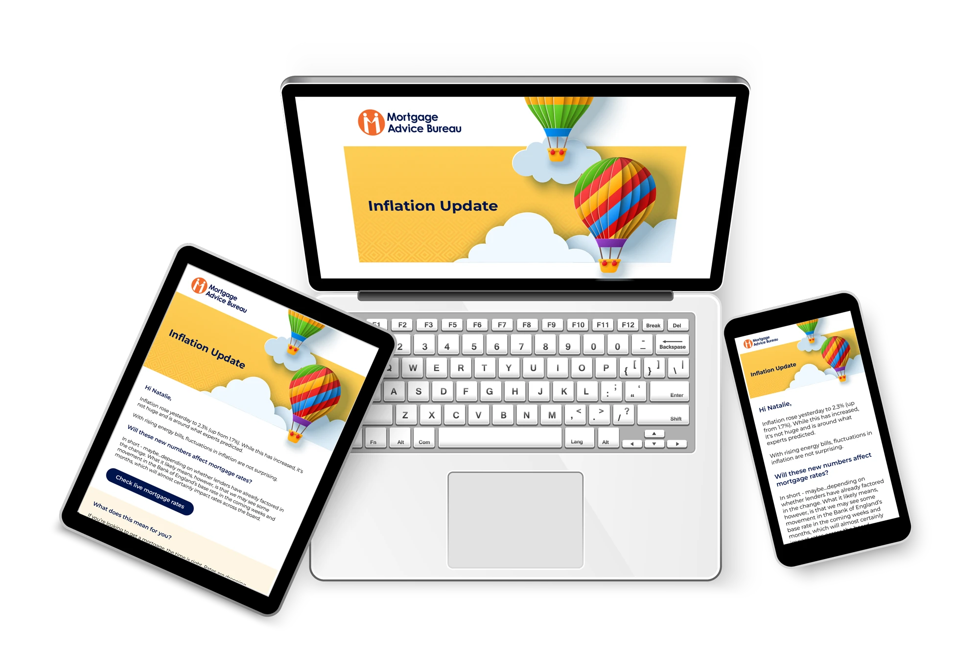 Laptop, tablet and phone displaying the mortgage advice bureau newsletter