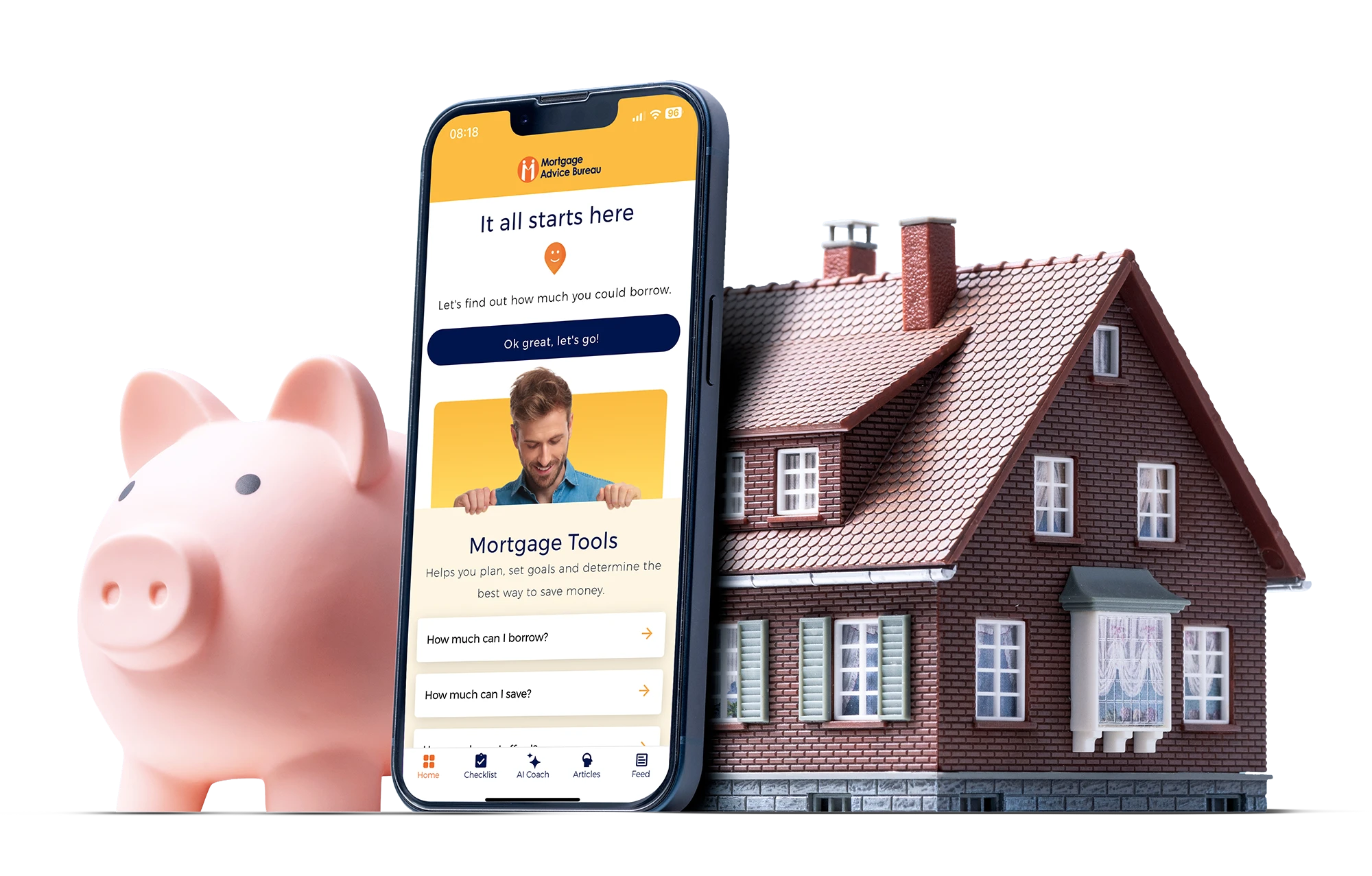 My MAB App on a mobile phone with a piggy bank and house either side.