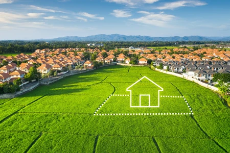 Land or landscape of green field in aerial view. Include agriculture farm, icon of residential, home or house building.